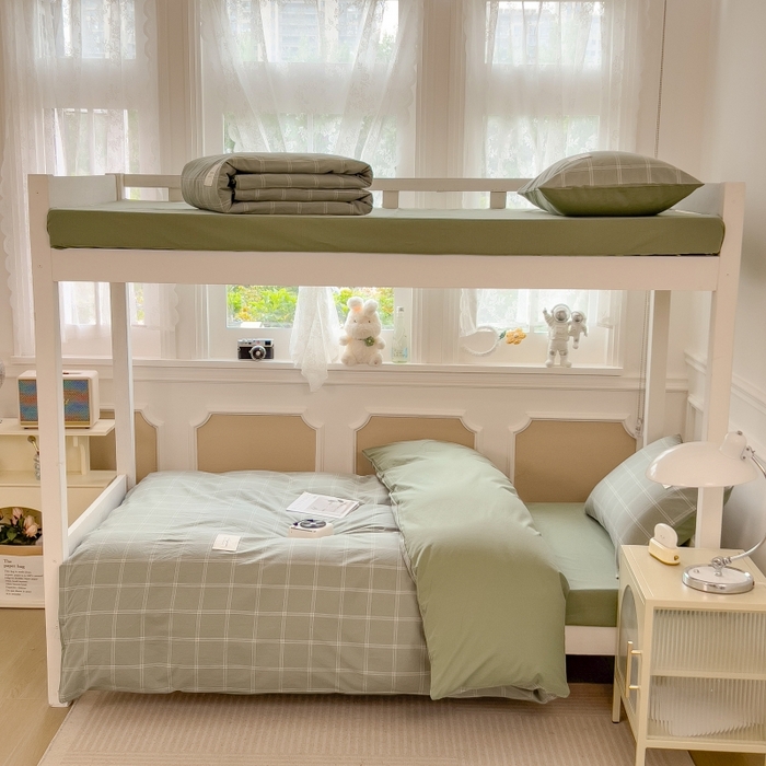 91家纺网 家纺一手货源 找家纺 梵克保罗 2025春夏新品无印风水洗棉学生六件套大礼包三件套枕套被套床单被芯床垫枕芯学生季 格韵绿