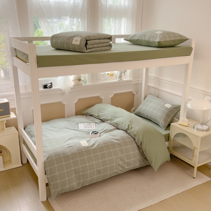 91家纺网 家纺一手货源 找家纺 梵克保罗 2025春夏新品无印风水洗棉学生六件套大礼包三件套枕套被套床单被芯床垫枕芯学生季 格韵绿