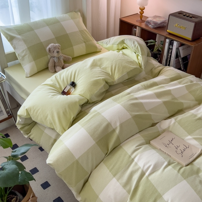 91家纺网 家纺一手货源 找家纺 梵克保罗 2025春夏新品无印风水洗棉学生六件套大礼包三件套枕套被套床单被芯床垫枕芯学生季 清雅中格