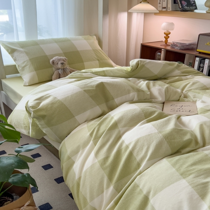 91家纺网 家纺一手货源 找家纺 梵克保罗 2025春夏新品无印风水洗棉学生六件套大礼包三件套枕套被套床单被芯床垫枕芯学生季 清雅中格