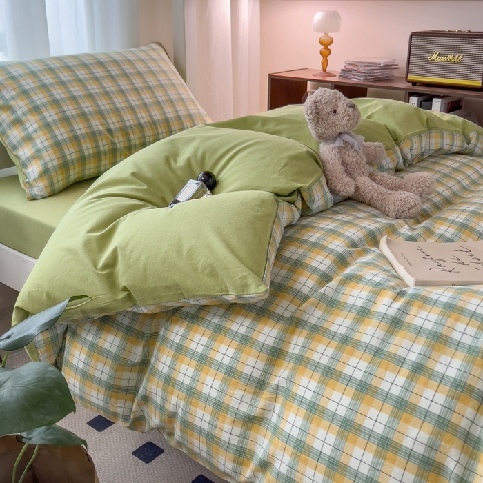 91家纺网 家纺一手货源 找家纺 梵克保罗 2025春夏新品无印风水洗棉学生六件套大礼包三件套枕套被套床单被芯床垫枕芯学生季 芒格绿