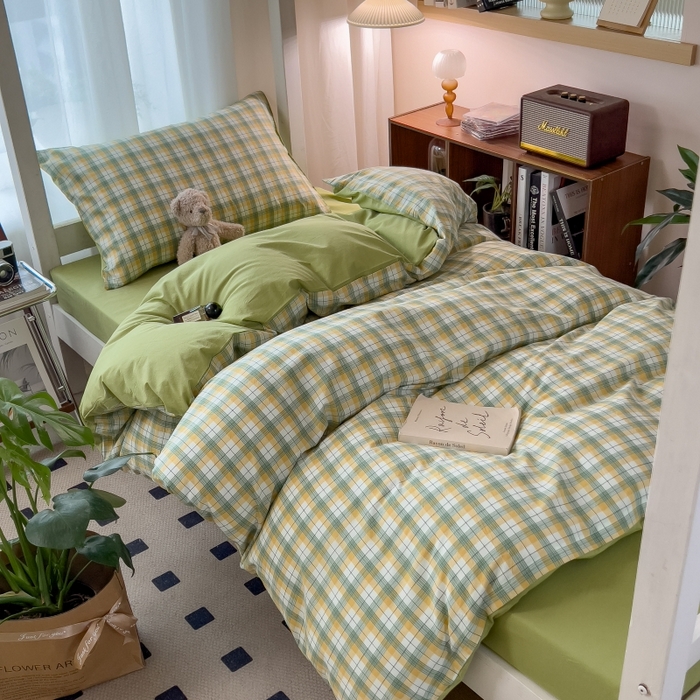 91家纺网 家纺一手货源 找家纺 梵克保罗 2025春夏新品无印风水洗棉学生六件套大礼包三件套枕套被套床单被芯床垫枕芯学生季 芒格绿