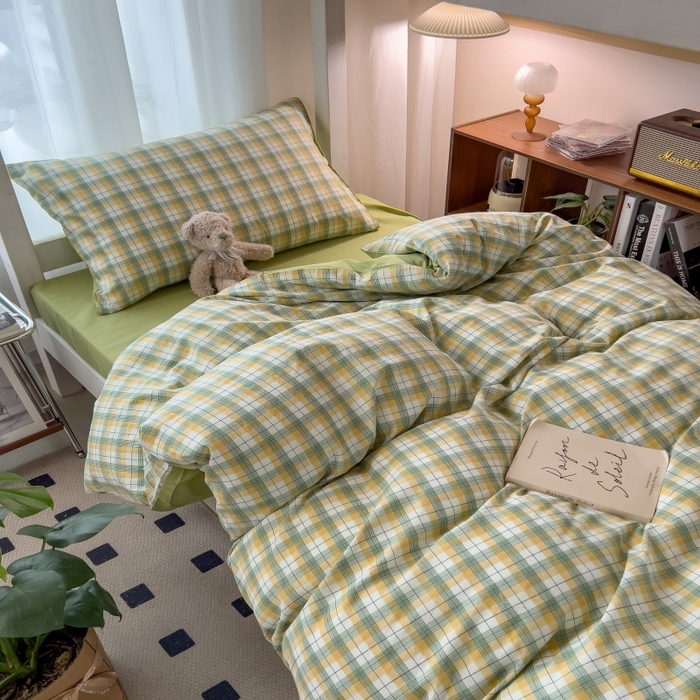 91家纺网 家纺一手货源 找家纺 梵克保罗 2025春夏新品无印风水洗棉学生六件套大礼包三件套枕套被套床单被芯床垫枕芯学生季 芒格绿