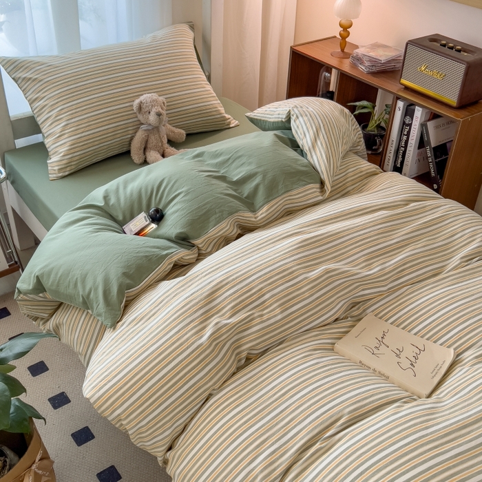 91家纺网 家纺一手货源 找家纺 梵克保罗 2025春夏新品无印风水洗棉学生六件套大礼包三件套枕套被套床单被芯床垫枕芯学生季 小绿条