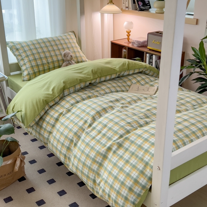 91家纺网 家纺一手货源 找家纺 梵克保罗 2025春夏新品无印风水洗棉学生六件套大礼包三件套枕套被套床单被芯床垫枕芯学生季 芒格绿