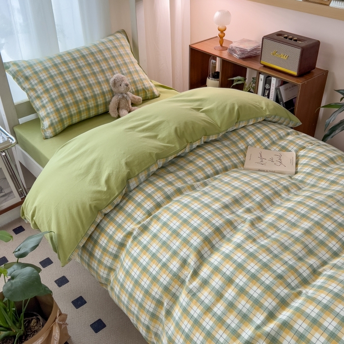 91家纺网 家纺一手货源 找家纺 梵克保罗 2025春夏新品无印风水洗棉学生六件套大礼包三件套枕套被套床单被芯床垫枕芯学生季 芒格绿