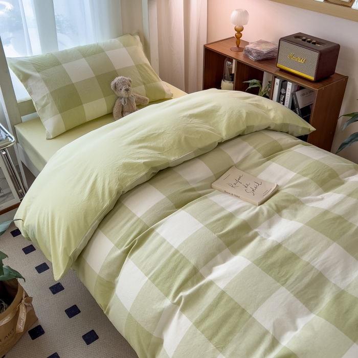 91家纺网 家纺一手货源 找家纺 梵克保罗 2025春夏新品无印风水洗棉学生六件套大礼包三件套枕套被套床单被芯床垫枕芯学生季 清雅中格