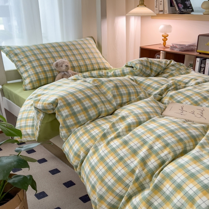 91家纺网 家纺一手货源 找家纺 梵克保罗 2025春夏新品无印风水洗棉学生六件套大礼包三件套枕套被套床单被芯床垫枕芯学生季 芒格绿