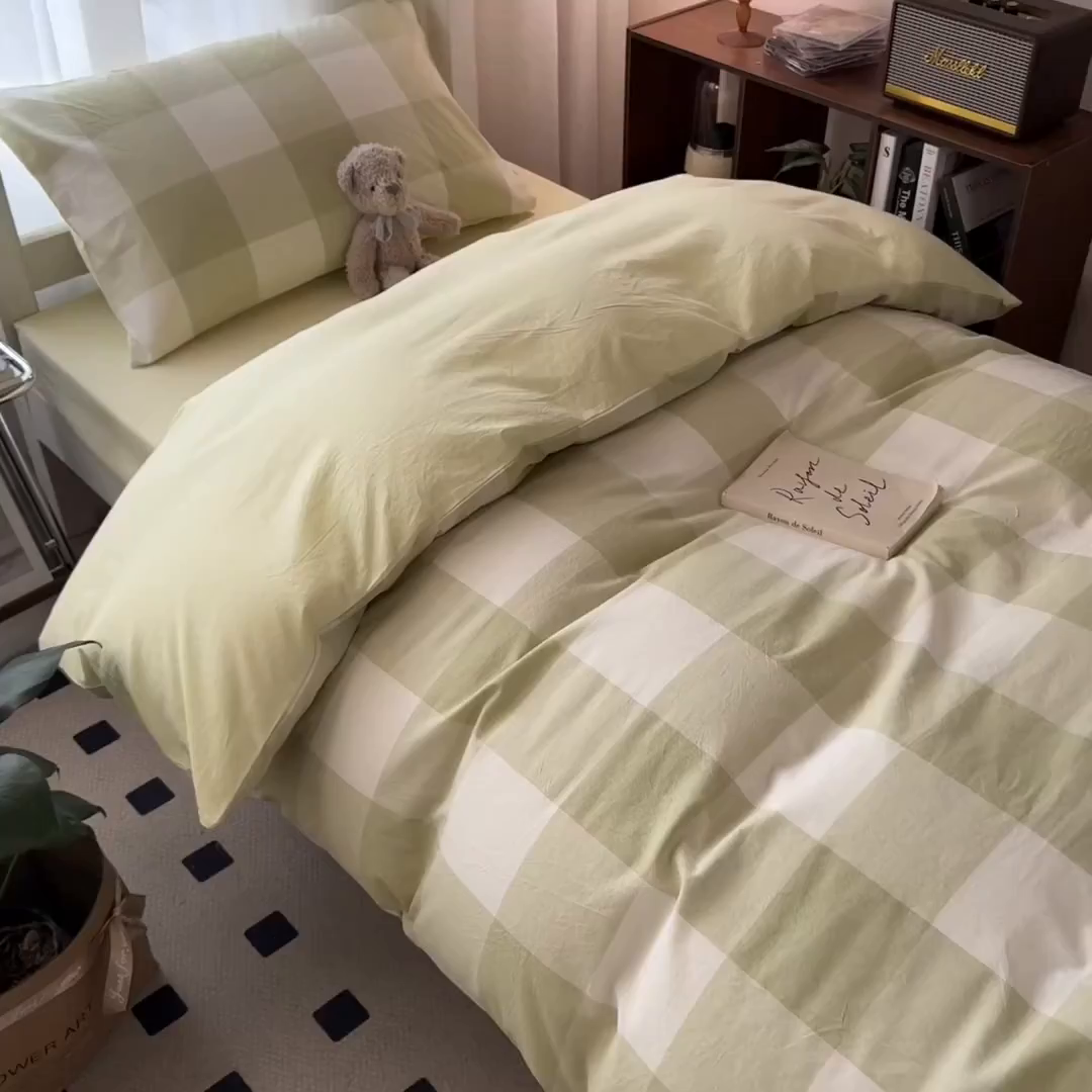 91家纺网 家纺一手货源 找家纺 梵克保罗 2025春夏新品无印风水洗棉学生六件套大礼包三件套枕套被套床单被芯床垫枕芯学生季 清雅中格