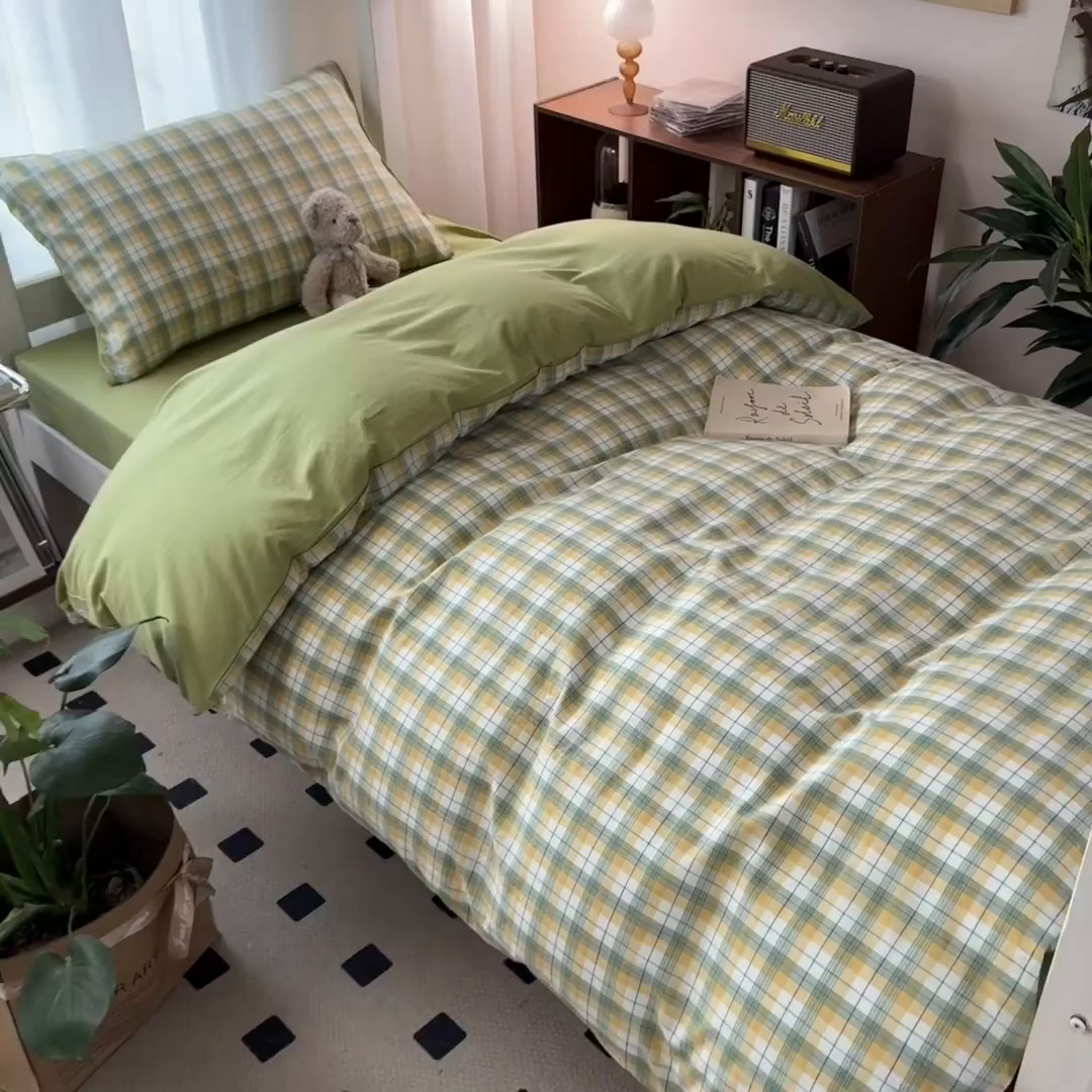 91家纺网 家纺一手货源 找家纺 梵克保罗 2025春夏新品无印风水洗棉学生六件套大礼包三件套枕套被套床单被芯床垫枕芯学生季 芒格绿