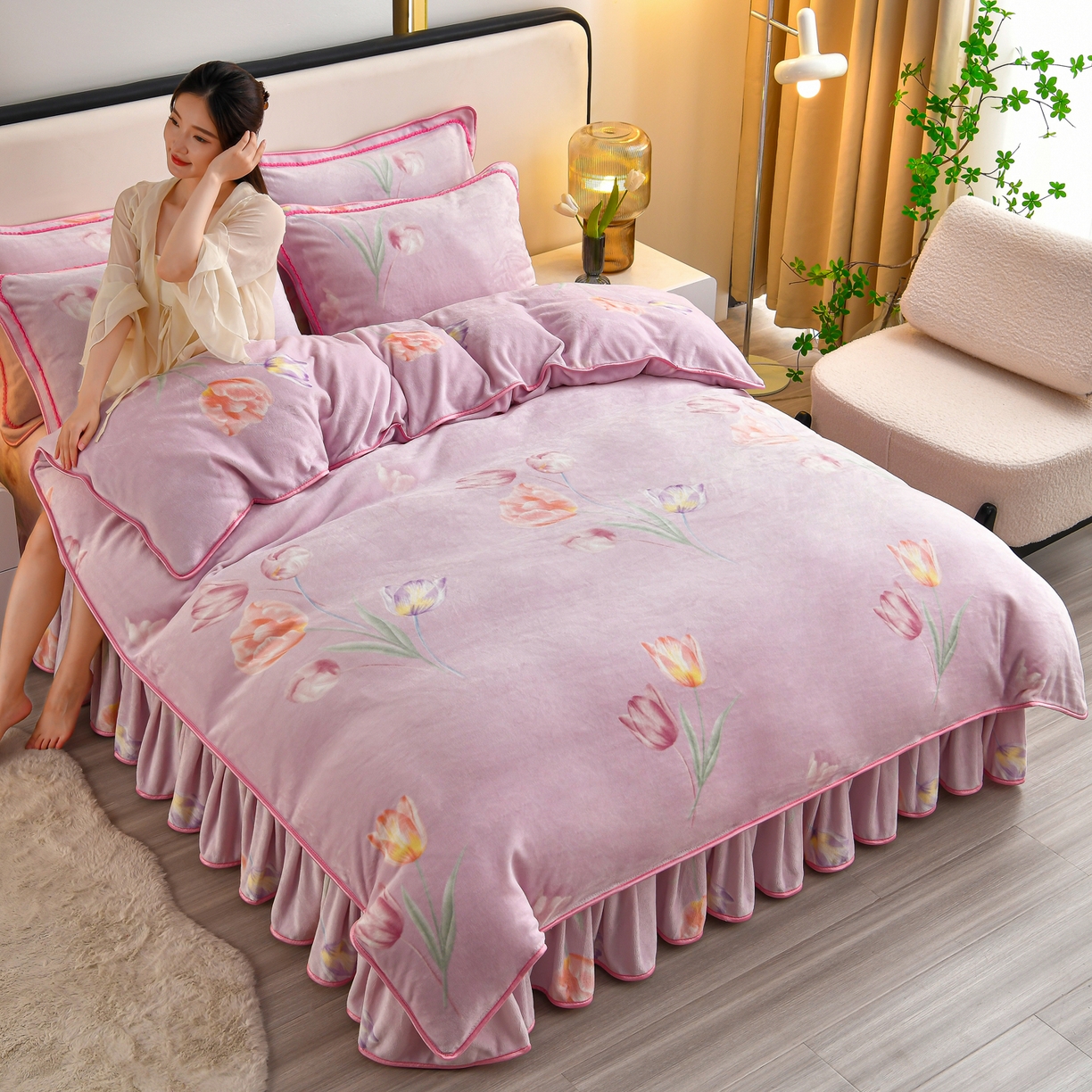 91家纺网 家纺一手货源 找家纺 橘姿家纺 2025新款9-10斤牛奶绒四件套金貂绒四件套 郁金香紫