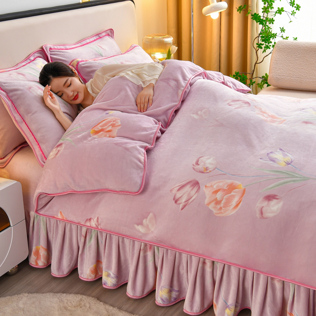 91家纺网 家纺一手货源 找家纺 橘姿家纺 2025新款9-10斤牛奶绒四件套金貂绒四件套 郁金香紫