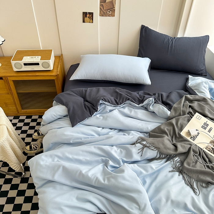 91家纺网 家纺一手货源 找家纺 （总）梵克保罗 2025新款ins风小红书同款纯色双拼水洗棉四件套学生三件套亲肤加厚磨毛四件套混搭系列-单被套单枕套