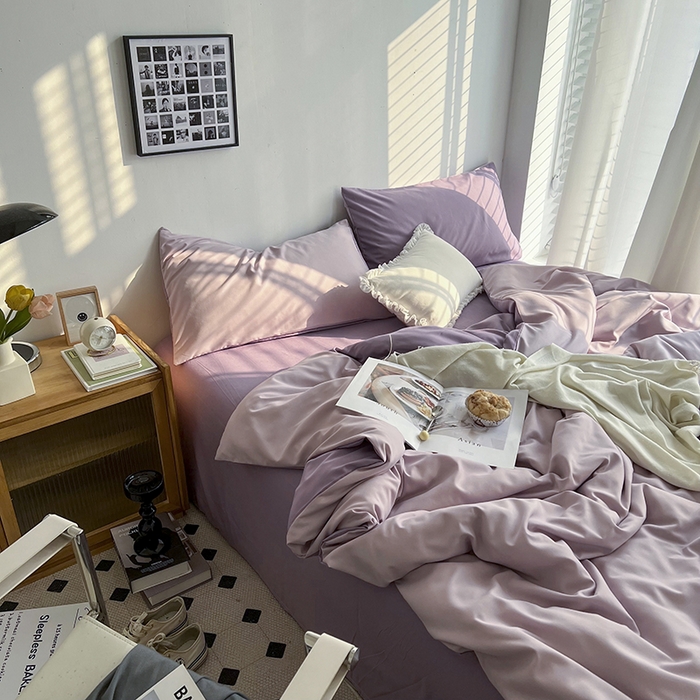 91家纺网 家纺一手货源 找家纺 梵克保罗 2025新款ins风小红书同款纯色双拼水洗棉四件套学生三件套亲肤加厚磨毛四件套混搭系列-单被套单枕套 双拼-紫薯芋泥
