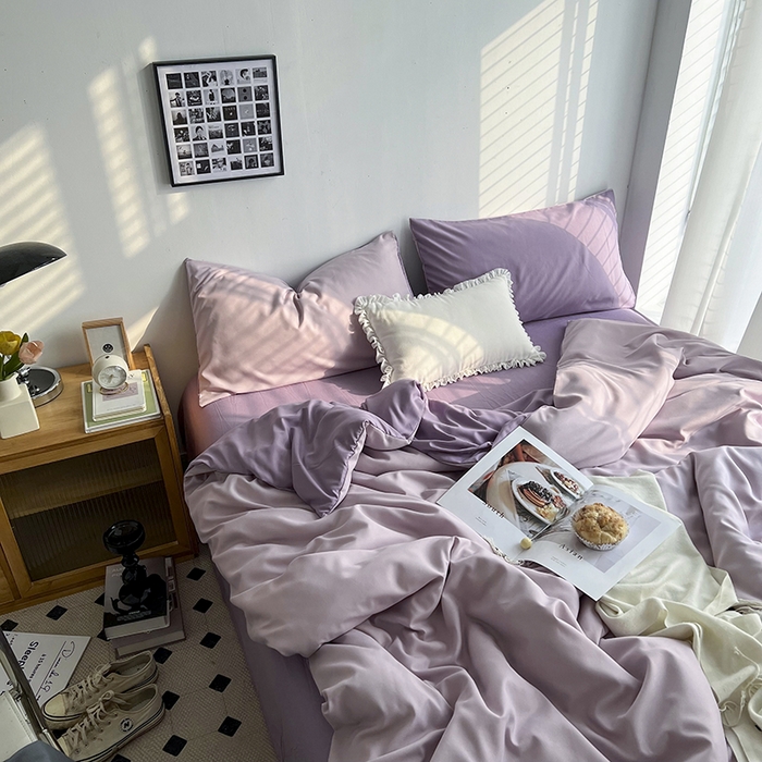 91家纺网 家纺一手货源 找家纺 梵克保罗 2025新款ins风小红书同款纯色双拼水洗棉四件套学生三件套亲肤加厚磨毛四件套混搭系列-单被套单枕套 双拼-紫薯芋泥