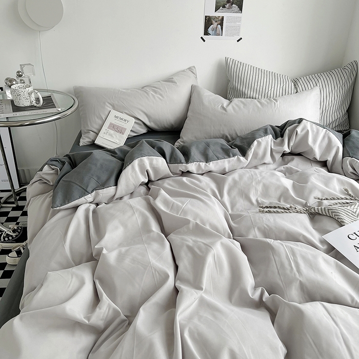 91家纺网 家纺一手货源 找家纺 梵克保罗 2025新款ins风小红书同款纯色双拼水洗棉四件套学生三件套亲肤加厚磨毛四件套混搭系列-单被套单枕套 双拼-雾霾灰