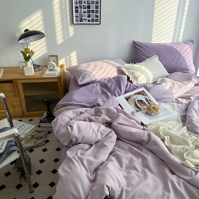 91家纺网 家纺一手货源 找家纺 梵克保罗 2025新款ins风小红书同款纯色双拼水洗棉四件套学生三件套亲肤加厚磨毛四件套混搭系列-单被套单枕套 双拼-紫薯芋泥