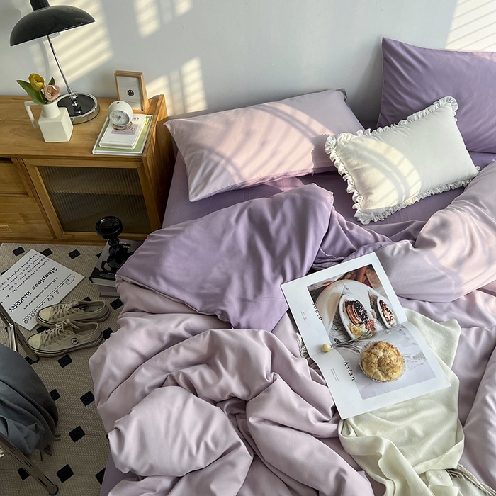 91家纺网 家纺一手货源 找家纺 梵克保罗 2025新款ins风小红书同款纯色双拼水洗棉四件套学生三件套亲肤加厚磨毛四件套混搭系列-单被套单枕套 双拼-紫薯芋泥