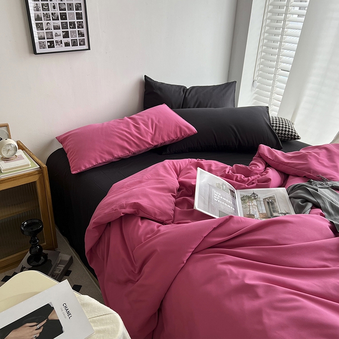 91家纺网 家纺一手货源 找家纺 梵克保罗 2025新款ins风小红书同款纯色双拼水洗棉四件套学生三件套亲肤加厚磨毛四件套混搭系列-单被套单枕套 混搭-树莓粉黑