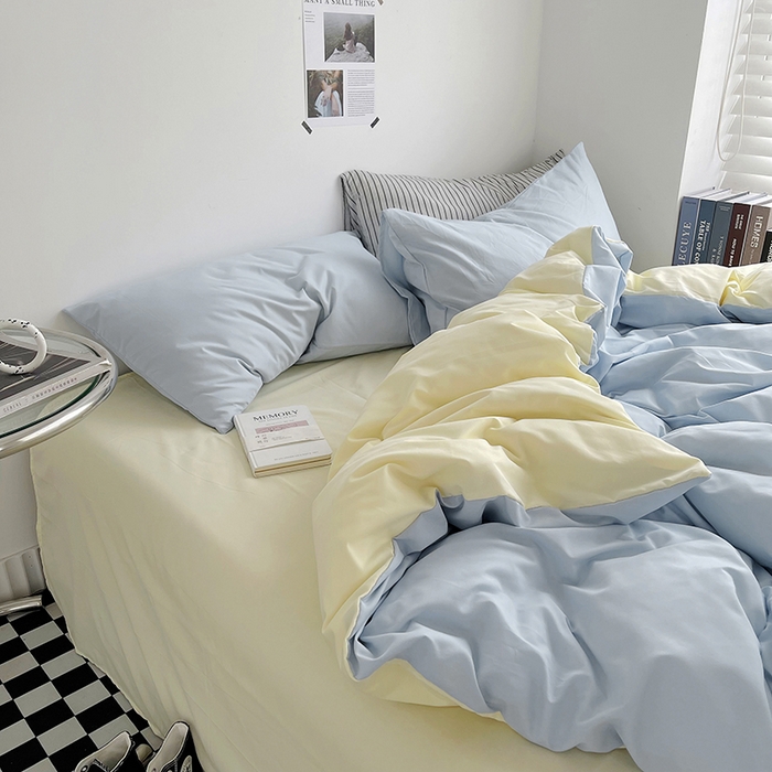 91家纺网 家纺一手货源 找家纺 梵克保罗 2025新款ins风小红书同款纯色双拼水洗棉四件套学生三件套亲肤加厚磨毛四件套混搭系列-单被套单枕套 双拼-浅蓝芝士