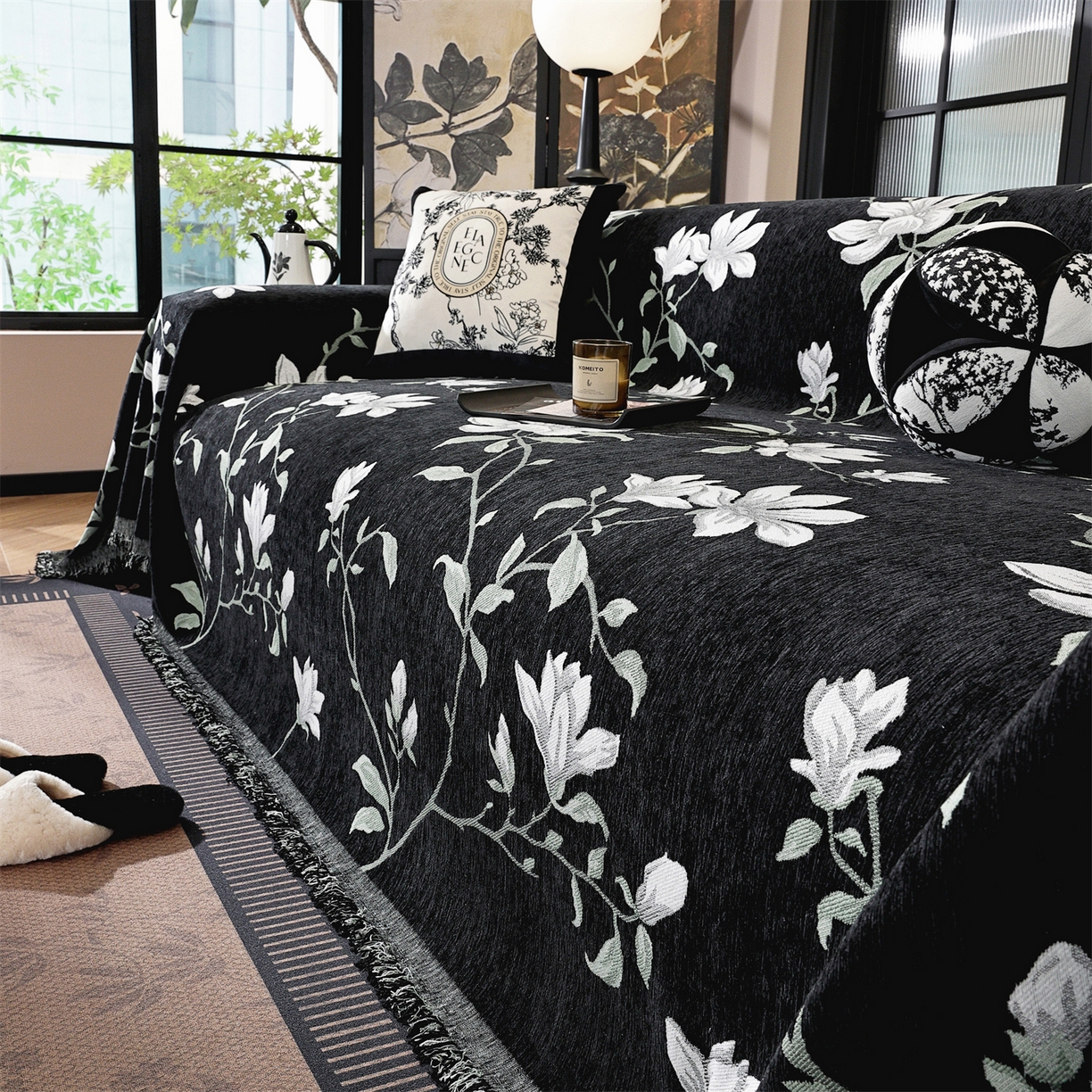 91家纺网 家纺一手货源 找家纺 共鸣沙发垫 2025新款亲肤舒适雪尼尔玉兰黑色沙发巾 玉兰黑色 180x230cm沙发巾