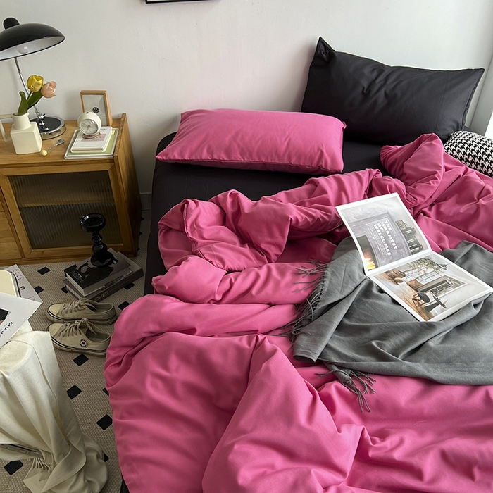 91家纺网 家纺一手货源 找家纺 梵克保罗 2025新款ins风小红书同款纯色双拼水洗棉四件套学生三件套亲肤加厚磨毛四件套混搭系列-单被套单枕套 混搭-树莓粉黑