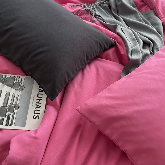 91家纺网 家纺一手货源 找家纺 梵克保罗 2025新款ins风小红书同款纯色双拼水洗棉四件套学生三件套亲肤加厚磨毛四件套混搭系列-单被套单枕套 混搭-树莓粉黑