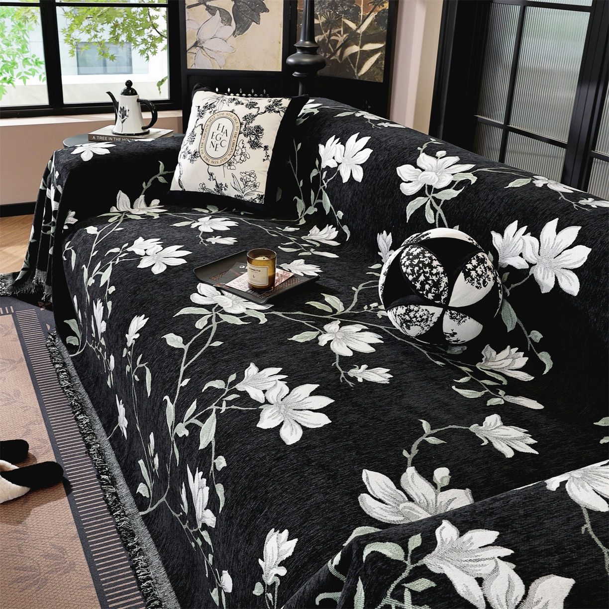 91家纺网 家纺一手货源 找家纺 共鸣沙发垫 2025新款亲肤舒适雪尼尔玉兰黑色沙发巾 玉兰黑色 180x230cm沙发巾