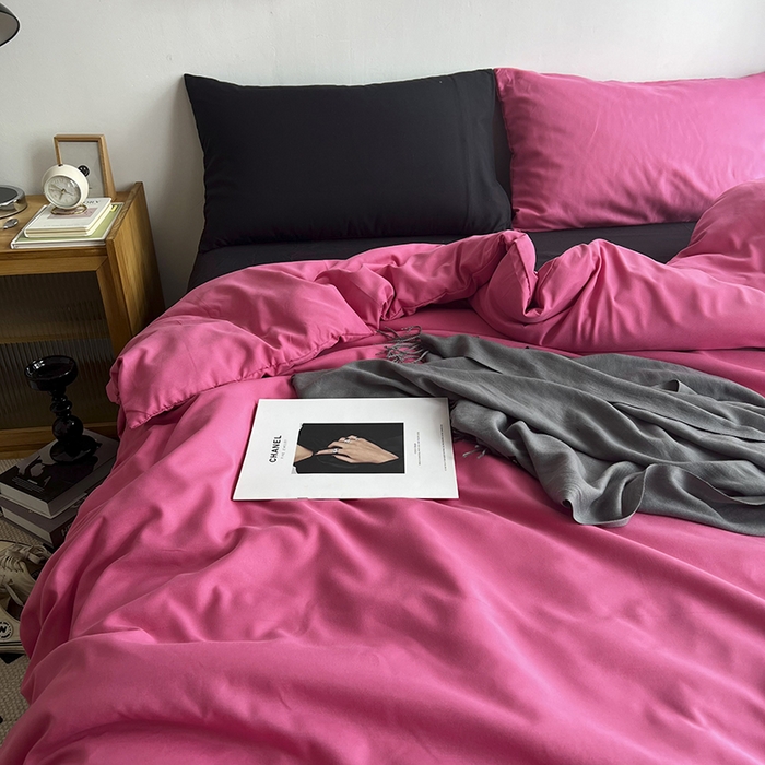 91家纺网 家纺一手货源 找家纺 梵克保罗 2025新款ins风小红书同款纯色双拼水洗棉四件套学生三件套亲肤加厚磨毛四件套混搭系列-单被套单枕套 混搭-树莓粉黑