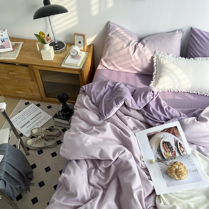 91家纺网 家纺一手货源 找家纺 梵克保罗 2025新款ins风小红书同款纯色双拼水洗棉四件套学生三件套亲肤加厚磨毛四件套混搭系列-单被套单枕套 双拼-紫薯芋泥