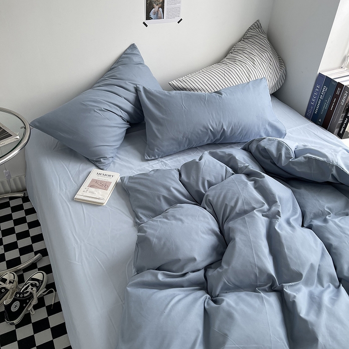 91家纺网 家纺一手货源 找家纺 梵克保罗 2025新款ins风小红书同款纯色双拼水洗棉四件套学生三件套亲肤加厚磨毛四件套混搭系列-单被套单枕套 双拼-月光雾蓝