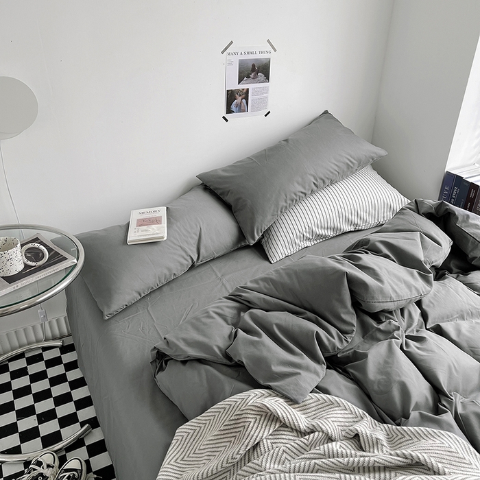 91家纺网 家纺一手货源 找家纺 梵克保罗 2025新款ins风小红书同款纯色双拼水洗棉四件套学生三件套亲肤加厚磨毛四件套混搭系列-单被套单枕套 纯色深灰