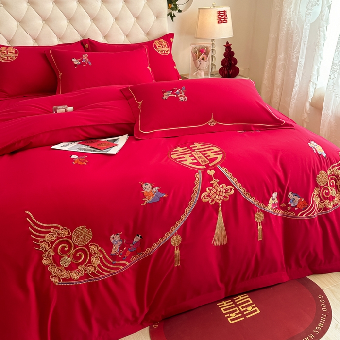 91家纺网 家纺一手货源 找家纺 梵克保罗 2025新款140高克重磨毛亲肤棉刺绣婚庆四件套 百子迎喜