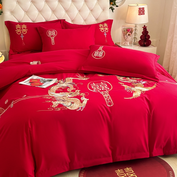 91家纺网 家纺一手货源 找家纺 梵克保罗 2025新款140高克重磨毛亲肤棉刺绣婚庆四件套 盘龙戏凤