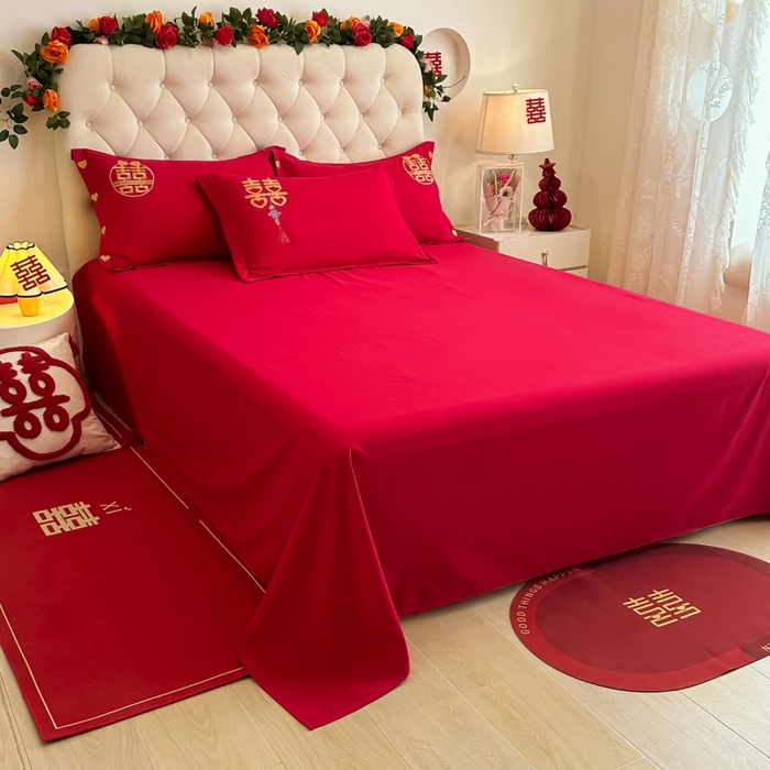 91家纺网 家纺一手货源 找家纺 梵克保罗 2025新款140高克重磨毛亲肤棉刺绣婚庆四件套 龙凤呈喜