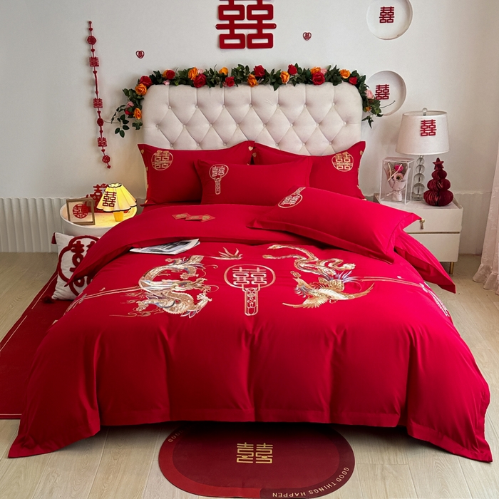 91家纺网 家纺一手货源 找家纺 梵克保罗 2025新款140高克重磨毛亲肤棉刺绣婚庆四件套 盘龙戏凤