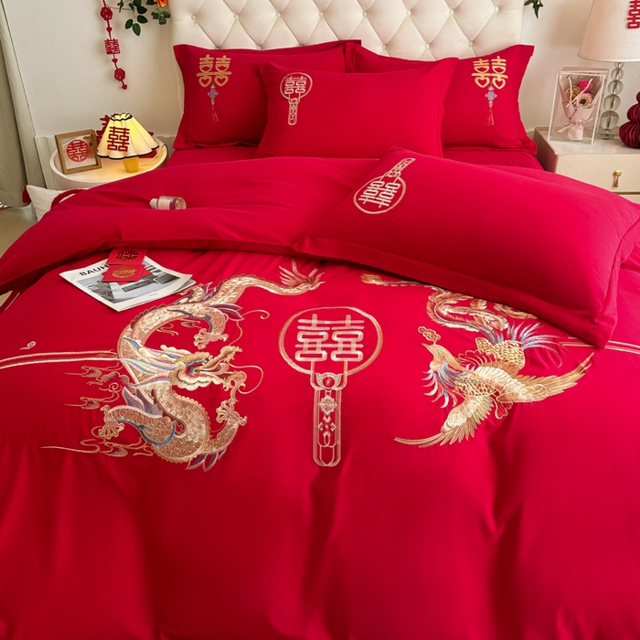 91家纺网 家纺一手货源 找家纺 梵克保罗 2025新款140高克重磨毛亲肤棉刺绣婚庆四件套 盘龙戏凤