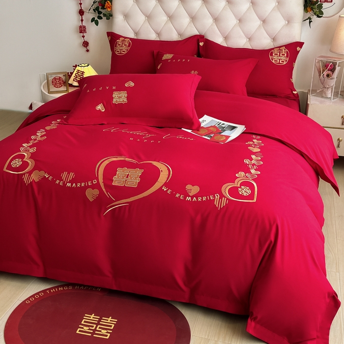 91家纺网 家纺一手货源 找家纺 梵克保罗 2025新款140高克重磨毛亲肤棉刺绣婚庆四件套 心心相印