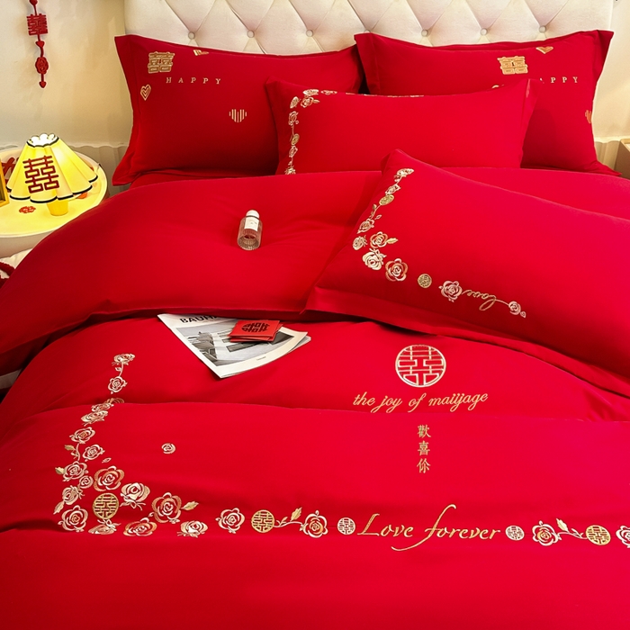 91家纺网 家纺一手货源 找家纺 梵克保罗 2025新款140高克重磨毛亲肤棉刺绣婚庆四件套 良辰喜事