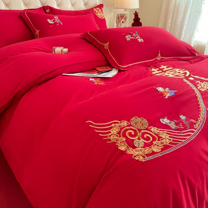 91家纺网 家纺一手货源 找家纺 梵克保罗 2025新款140高克重磨毛亲肤棉刺绣婚庆四件套 百子迎喜