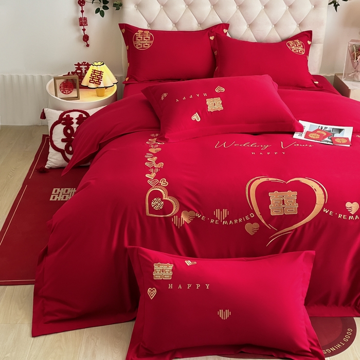 91家纺网 家纺一手货源 找家纺 梵克保罗 2025新款140高克重磨毛亲肤棉刺绣婚庆四件套 心心相印