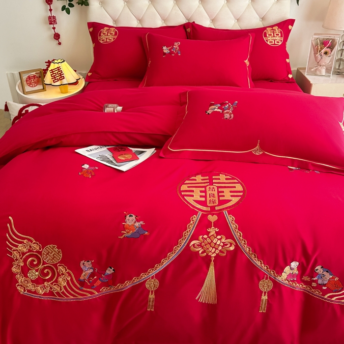 91家纺网 家纺一手货源 找家纺 梵克保罗 2025新款140高克重磨毛亲肤棉刺绣婚庆四件套 百子迎喜