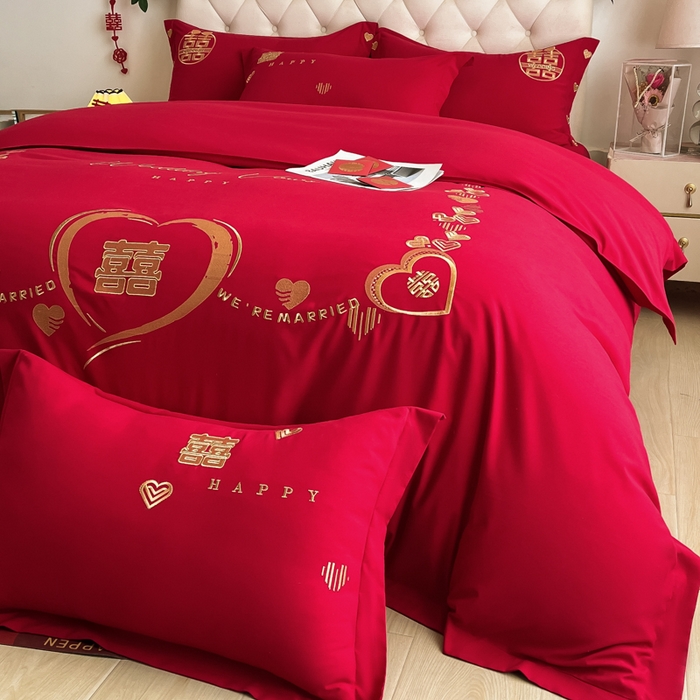 91家纺网 家纺一手货源 找家纺 梵克保罗 2025新款140高克重磨毛亲肤棉刺绣婚庆四件套 心心相印