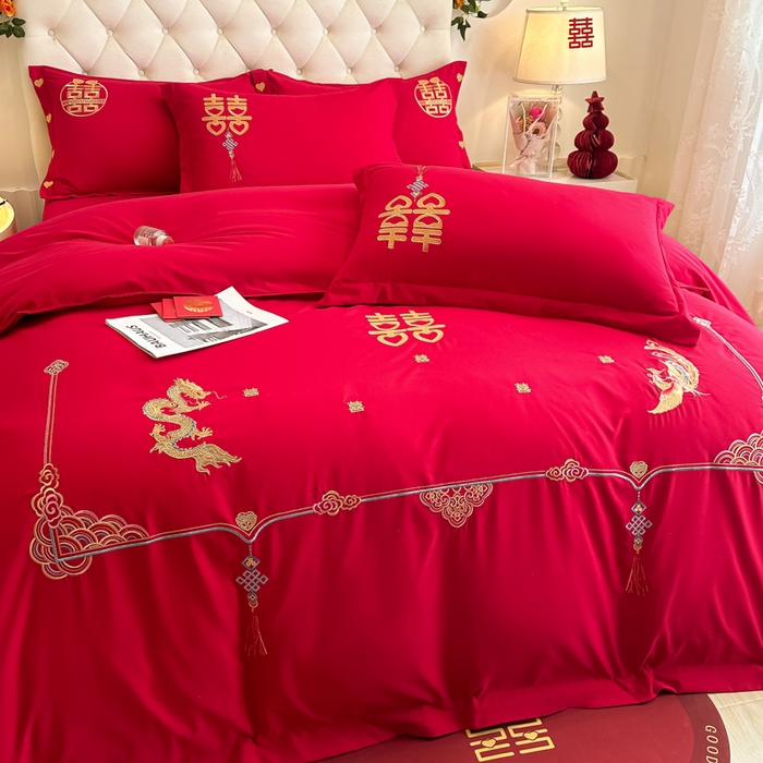 91家纺网 家纺一手货源 找家纺 梵克保罗 2025新款140高克重磨毛亲肤棉刺绣婚庆四件套 龙凤呈喜