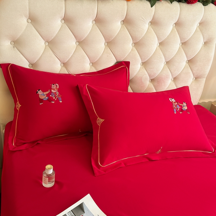 91家纺网 家纺一手货源 找家纺 梵克保罗 2025新款140高克重磨毛亲肤棉刺绣婚庆四件套 百子迎喜