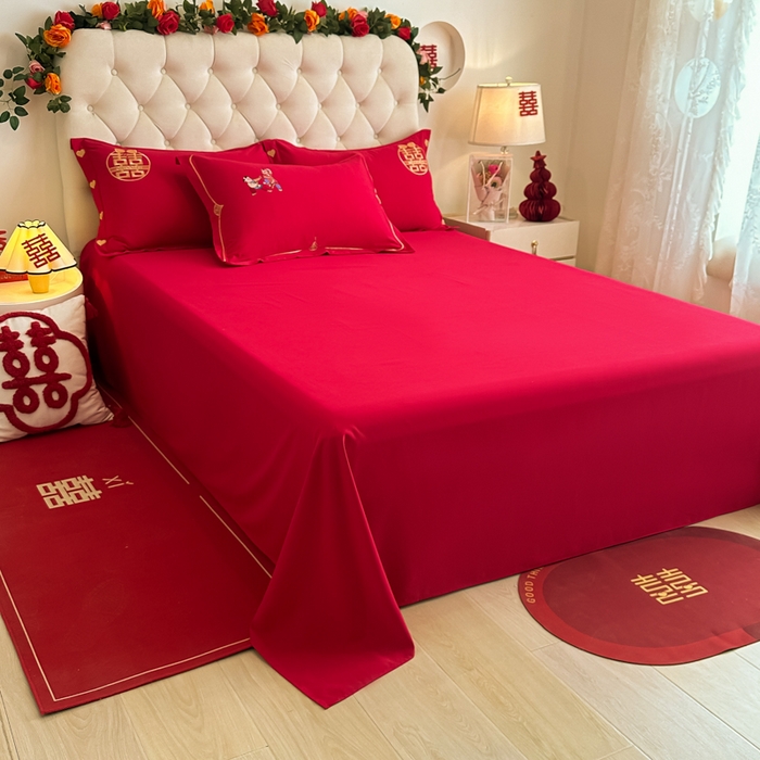 91家纺网 家纺一手货源 找家纺 梵克保罗 2025新款140高克重磨毛亲肤棉刺绣婚庆四件套 百子迎喜