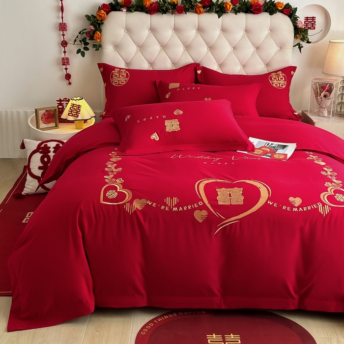 91家纺网 家纺一手货源 找家纺 梵克保罗 2025新款140高克重磨毛亲肤棉刺绣婚庆四件套 心心相印