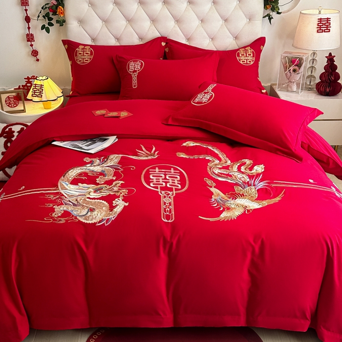 91家纺网 家纺一手货源 找家纺 梵克保罗 2025新款140高克重磨毛亲肤棉刺绣婚庆四件套 盘龙戏凤