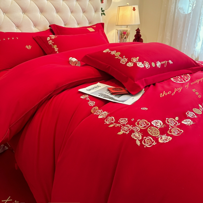 91家纺网 家纺一手货源 找家纺 梵克保罗 2025新款140高克重磨毛亲肤棉刺绣婚庆四件套 良辰喜事