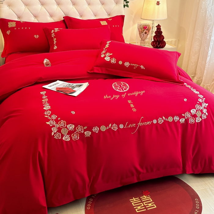 91家纺网 家纺一手货源 找家纺 梵克保罗 2025新款140高克重磨毛亲肤棉刺绣婚庆四件套 良辰喜事